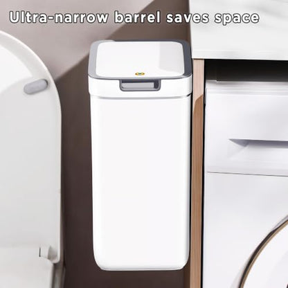 funest 2 Pack Slim Wall Mount Trash Can with Lid, No Drill Hanging Small Garbage Bin for Bathroom Kitchen, Dual Use Floor Standing Narrow Odor Block Press Top Waste Basket for RV Office Bedroom