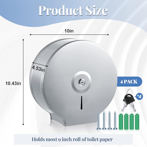 Mifoci 4 Pcs Industrial Toilet Paper Holder Commercial Roll Dispenser Wall Mount Stainless Steel Jumbo Tissue Dispenser Fits 9 Roll Toilet Paper for Office Home Public Places (Silver) - color: Silver