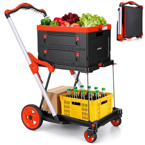Collapsible Shopping Cart with Crate, Heavy Duty 200lbs Folding Cart, Red - color: Red