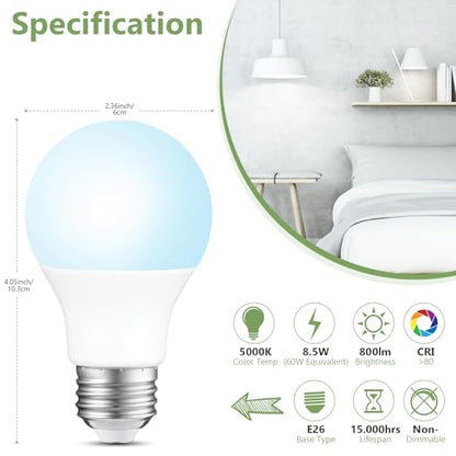 A19 LED Light Bulbs, 60W Equivalent Daylight 5000K, 800 Lumens Non-Dimmable LED Bulbs, Efficient 8.5W, 15000 Hours Long-Lasting E26 Base Standard Bulbs for Bedroom Living Room Kitchen, 10 Pack - color: Daylight, size: 10