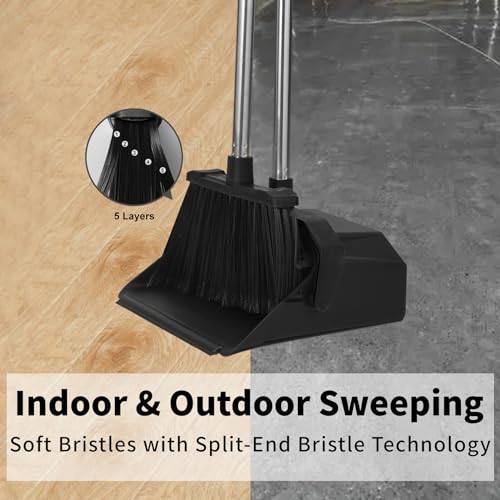 Tiumso 3-Pack Broom with Dustpan Combo Set, Commercial Broom and Dustpan Set, Dust Pan with Long Handle, 51'' Large Brooms with Self-Cleaning Dust Pan Teeth for Restaurant Lobby Garage - Black - color: Black