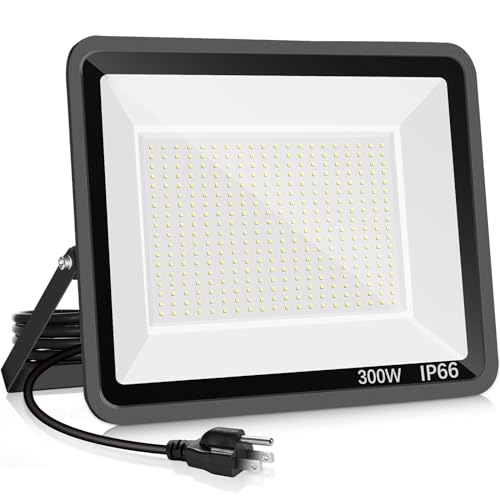YANYCN 300W LED Flood Light Outdoor,2000W Equivalent 5000K Daylight White Super Bright FloodLight with Plug,43500LM IP66 Waterproof Commercial Lighting for Sports Fields,Counts,Arena,Stadium - color: 300W led flood light 1pack