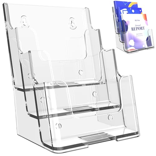 Brochure Holder 6x8 Inch 3 Tier Acrylic Literature Holders Clear Plastic Flyer Display Stand Countertop Use or Wall Mount Pamphlet Holder Organizer for Office, Lobby, Hotel, Trade Show, 1 Pack