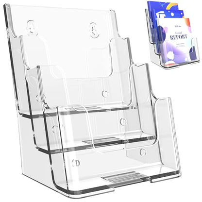 Brochure Holder 6x8 Inch 3 Tier Acrylic Literature Holders Clear Plastic Flyer Display Stand Countertop Use or Wall Mount Pamphlet Holder Organizer for Office, Lobby, Hotel, Trade Show, 1 Pack