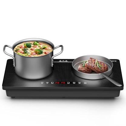 1800W Double Induction Cooktop with Dual 900W Burners, Minimalist Design, Touch Control, 8 Power Levels, Timer & Safety Lock for Kitchen RV Countertop Use
