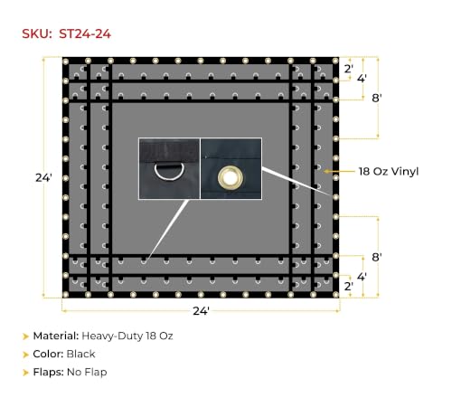 Mytee Products 24'x24' Heavy Duty Flatbed Truck Tarp with 8 Ft Drop - 18oz Vinyl Black Steel Machinery Tarp Use to Cover Manufacturing Or Machine Equipment During Transport - size: 24' x 24' (8' Drop)