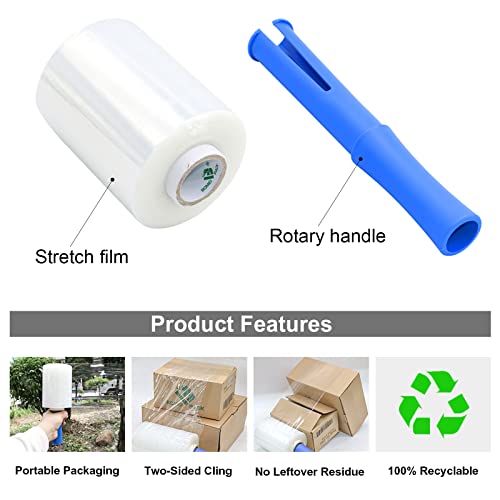 BOMEI PACK 4Pack Industrial Mini Clear Stretch Wrap Film, 5inch x 1100ft for Pallet Wrap with Plastic Handle, Heavy Duty Shrink Film for Packing, Moving, Packaging, 80 Gauge