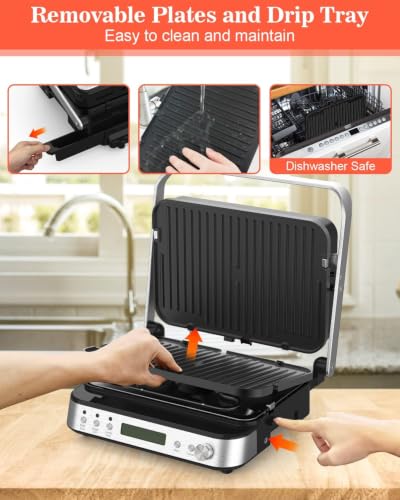 CATTLEMAN 6 in 1 Panini Press Grill with Removable Waffle Plates, 1600W - color: Silver with Waffle Plates