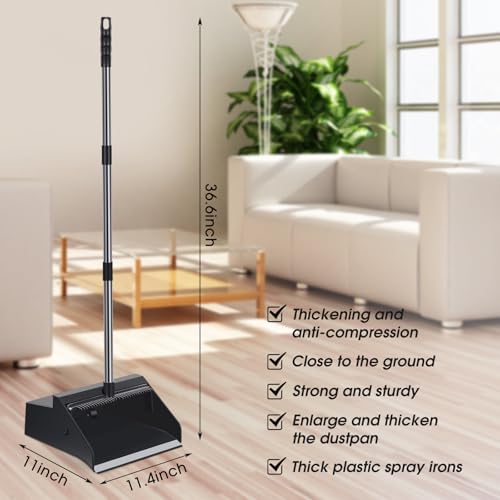 Leumoi 4 Pcs Dust Pans with Long Handle with Comb Stand up Dustpan, Black