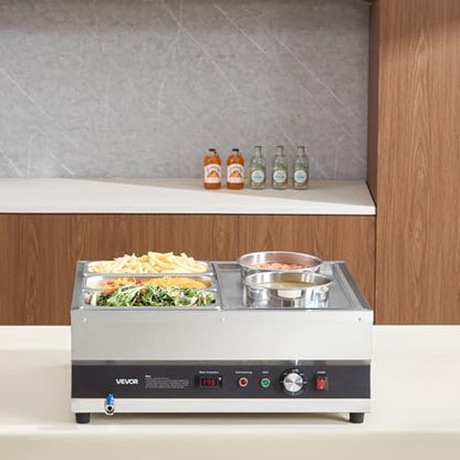 VEVOR Electric Soup Warmer, Two 6.34QT Pots & Three 1/3 Pans, Stainless Steel Commercial Food Warmer with 86~185°F Adjustable Temp, 1500W Bain Marie, Soup Station for Restaurant, Buffet - size: 2×6L Pots and 3×1/3 Pans