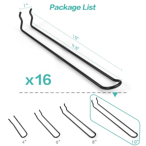 Pegboard Dual-arm Hooks 16pcs Heavy Duty Tool Hanging Holders (Black, 10") - color: Black, size: 10 Inch