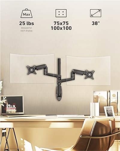 Ergounion Dual Monitor Wall Mount for Flat or Curved Screens up to 38" Within 25 lbs, Adjustable Monitor Arm with Cable Management, VESA 75x75/100x100mm Monitor Mount for 2 Monitors, Black - color: Black, size: Dual
