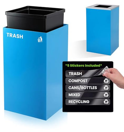 Alpine Commercial Indoor Recycle Bin with Lid - 29 Gallon Blue Recycle Bin Recycle Trash Can Office Recycling Bins, Metal Recycling Container with Stickers & 3 Optional Lids Sold Separately - color: Blue Can