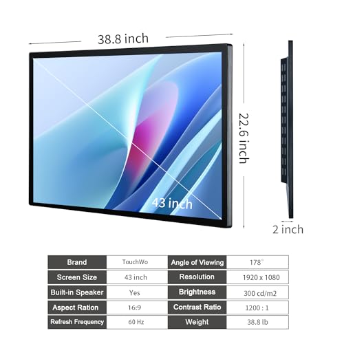 43 inch Capacitive Multi-Touch Screen Industrial Monitor, 16:9 Display 1920 x 1080P, Built-in Speakers, USB, VGA, DP & HD-MI Ports, Digital Signage Displays and Player for Advertising - size: 43-inch