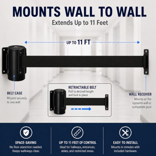 Crowd Control Warehouse Wall Mount Retractable Belt Barrier, 11' Black Belt - color: Black, size: Solid Color