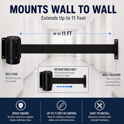 Crowd Control Warehouse Wall Mount Retractable Belt Barrier, 11' Black Belt - color: Black, size: Solid Color
