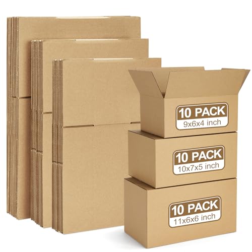Eupako 30 Pack Small Shipping Boxes Assorted Sizes, 9x6x4 & 10x7x5 & 11x6x6 10 PCS Each Mailing Boxes, Brown Corrugated Box Mailers, Cardboard Boxes for Packaging Small Business - color: Brown, size: 9x6x4 & 10x7x5 & 11x6x6 Inches