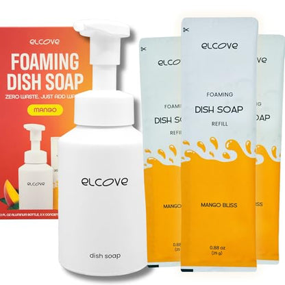 Eco Friendly Foaming Dish Soap Starter Set, Reusable Aluminum Soap Dispenser, Zero Waste, Non Toxic, Concentrated Powder Dish Soap Refill (Pack of 3) Make 36 oz of Foaming Dish Washing Liquid - style: Starter Kit-Mango Bliss