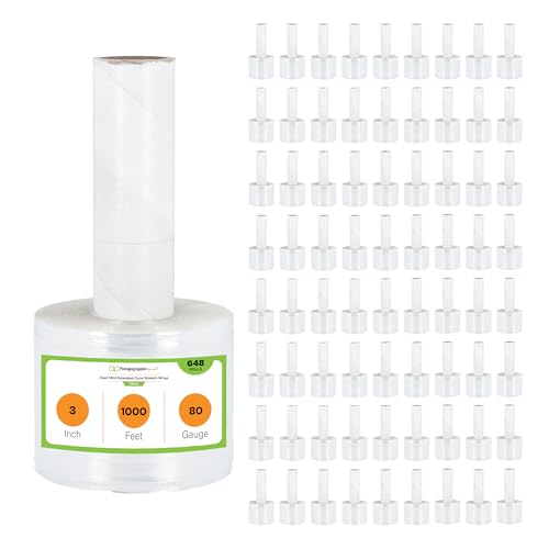 PSBM Mini Stretch Wrap with Extended Core Handles, 648 Rolls 3 Inch x 1000 Feet 80 Gauge Heavy Duty Clear Plastic Wrap Industrial Strength Shrink Film for Moving, Packing & Shipping - size: 3" x 1000 Feet, style: 648 Pack