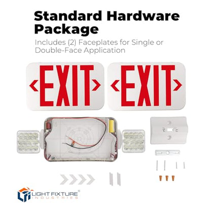 LFI Lights® Standard COMBO UL 924 Listed, Exit Sign with Emergency Lights, Remote Head Capabe, Red LED, White, 120/277VAC Hardwired with Battery Backup, Optional Double Face and Knock Out Arrows COMBO2-R-W-RH