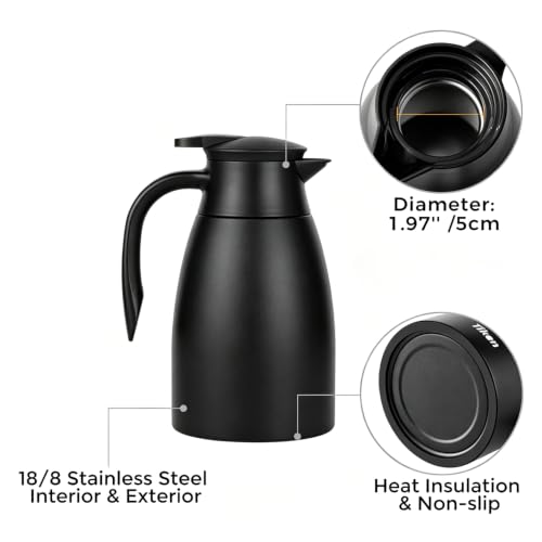 Tiken 68 Oz Thermal Coffee Carafe, Stainless Steel Insulated Vacuum Coffee Carafes for Keeping Hot, 2 Liter Beverage Dispenser (Matte Black) - color: Matte Black, size: 68 Ounces