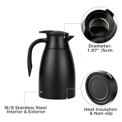Tiken 68 Oz Thermal Coffee Carafe, Stainless Steel Insulated Vacuum Coffee Carafes for Keeping Hot, 2 Liter Beverage Dispenser (Matte Black) - color: Matte Black, size: 68 Ounces