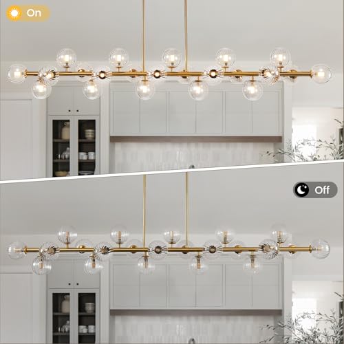Gold Linear Large Chandelier Modern Chandelier Glass Pendant Light Fixture Adjustable for Dining Living Room Kitchen Island 22-Light 70" - color: transparent-70in