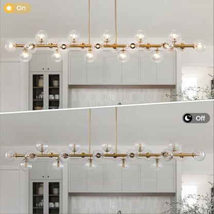 Gold Linear Large Chandelier Modern Chandelier Glass Pendant Light Fixture Adjustable for Dining Living Room Kitchen Island 22-Light 70" - color: transparent-70in