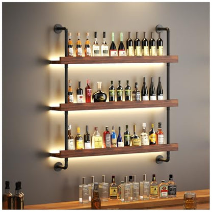 Large Wine Rack Wall Mounted with LED Light, Solid Wood Bar Shelves Wall Mounted, 3-Tiers Liquor Bottles Floating Shelves Display Storage Organizer for Home Bar, Dining Room (39.7 inch) - size: 39.7 inch
