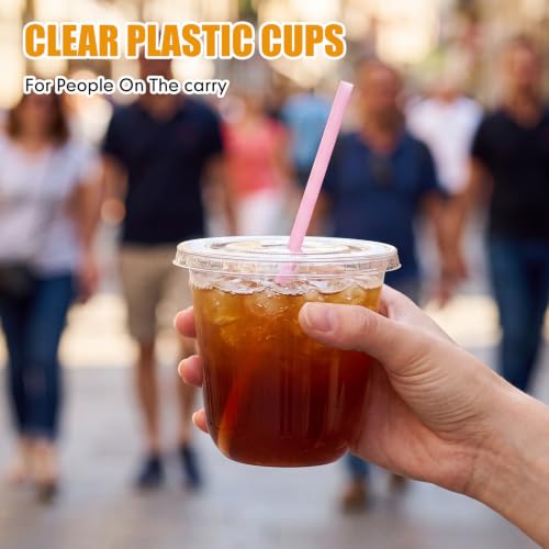 Ziliny 50 Pack 10 oz Plastic Cups with Lids Straws Iced Coffee, Pink - color: Pink, size: 10 oz