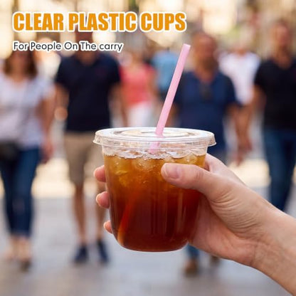 Ziliny 50 Pack 10 oz Plastic Cups with Lids Straws Iced Coffee, Pink - color: Pink, size: 10 oz