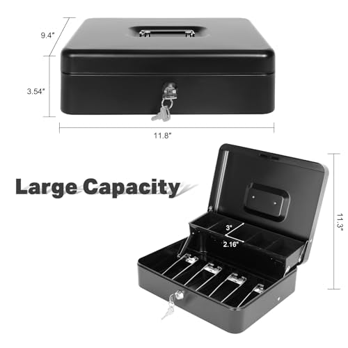 Cash Box with Lock Key and Money Tray, Large Money Box for Cash Register - color: Black