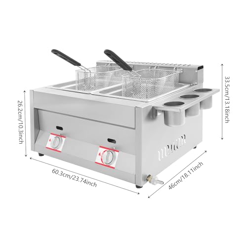 Commercial Deep Fryer, Dual Tank Countertop Fryer with Independent Temperature Control & Detachable Side Condiment Cups Stainless Steel Oil Fryer for Restaurants Supermarkets Fast Food Stalls