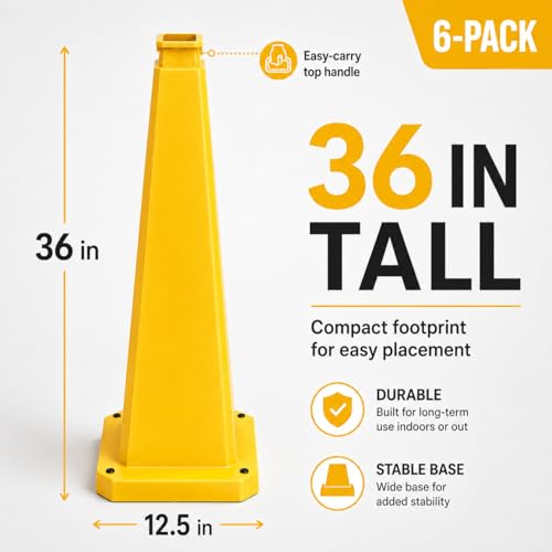BESEA 6 Pack 36 Inch Yellow Traffic Cones with Weighted Base - color: Yellow, size: 36INCH