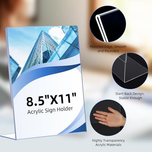 DECOHOBO 12 Pack Acrylic Sign Holder 8.5 x 11, Clear Plastic Display Stands for Tabletop, L-Shape Acrylic Stands for Flyers, Documents, Office, Restaurants, Vertical Sign Holder 8.5x11 for Desktop
