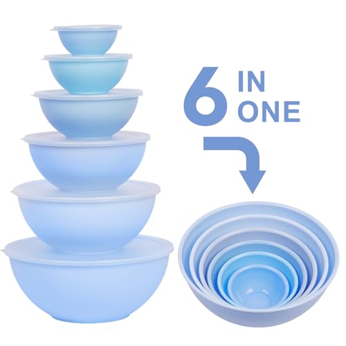 BoxedHome BPA Free Plastic Round Mixing Bowl with Lids, 12 Pack Nesting Bowls with Lids Set, Microwave and Dishwasher Safe Prep & Serving Bowls Great for Mixing, Baking, Serving (Pale Blue, 12pcs) - color: Pale Blue