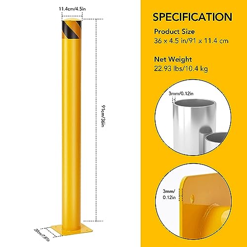 PioneerWorks Safety Bollard 6 Packs, 36 Inch Height Bollard Post, 4.5 Inch Diameter, Yellow Safety Steel Bollard Post with 8 Anchor Bolts, for Traffic Control, Driveway Barrier, Parking Pole - size: 36 inch