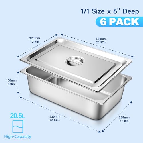 Hotel Pans with Lids 1/1 Full Size 6 Inch Stainless Steel Steam Table Pan - color: Full Size, size: 6" Deep