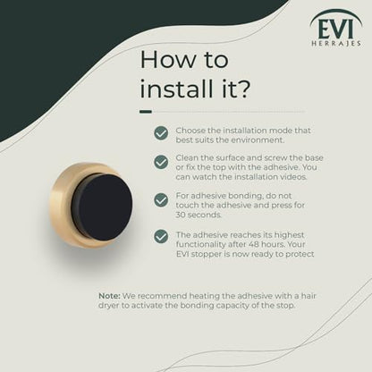 EVI Herrajes | Wall Brass Door Stop | 0.94x0.54 Inch | Gold Finish - Black Anti-Shock Rubber | Adhesive | Small and Discreet | Mod. 205 - color: Matte Brass - Black Rubber