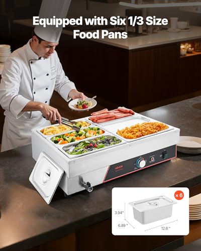 VEVOR Commercial Food Warmer, 1500W Electric Stainless Steel Steam Food Warming with Lid, 6-Pan Fast Heating Countertop Buffet Bain Marie with Power Cord, for Catering, Restaurant, Party & Buffets - size: 6*1/3Pan