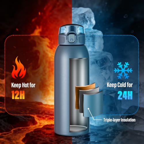 Insulated Water Bottle 24 oz with Dustproof Lid, Carry Handle & Tea Infuser, BPA-Free & Leakproof, Stainless Steel Water Bottles Ideal for Fitness, Hiking, Office & Outdoor Use (Navy Blue) - color: Navy Blue, size: 24 Ounces