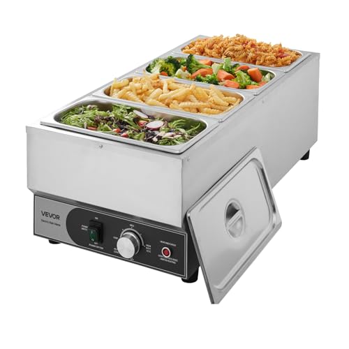 VEVOR Commercial Food Warmer, 1500W Electric Stainless Steel Steam Food Warmer, Fast Heating Countertop Buffet Bain Marie with Four 1/3 Size Food Pans, for Catering, Restaurants, Parties & Buffets - size: 29.13 x 13.98 x 10.63 in