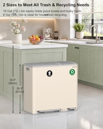 Dual Trash and Recycling Bins for Kitchen, 19+8 Gallon (72+30L) Stainless Steel Trash and Recycle Bin Combo with Soft-Close Lid, Large Garbage Cans for Kitchen Home with 2 Magnets Sticker, Apricot - color: Apricot