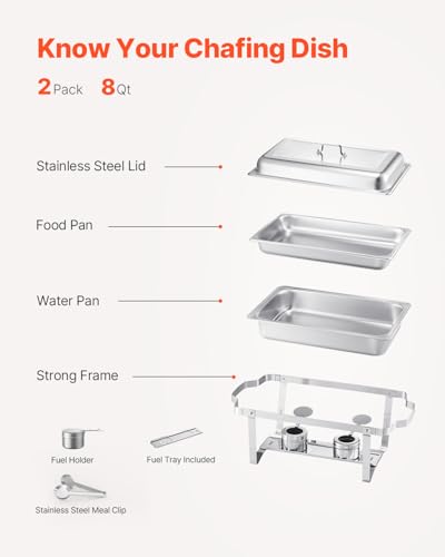 VEVOR Chafing Dish Buffet Set, 2 Pack Stainless Chafer with 2 Full Pans, Rectangle Catering Warmer Server with Lid Water Pan Folding Stand Fuel Tray Holder Clip - color: Silver, size: 2 Pack