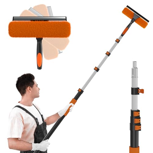 SISUPASSIE 20FT Reach 2-in-1 Window Squeegee, Professional Window Washing Kit with 3-12FT Extension Pole for Home, Indoor Outdoor Squeegee with Rotatable Head for High Windows - size: 12FT