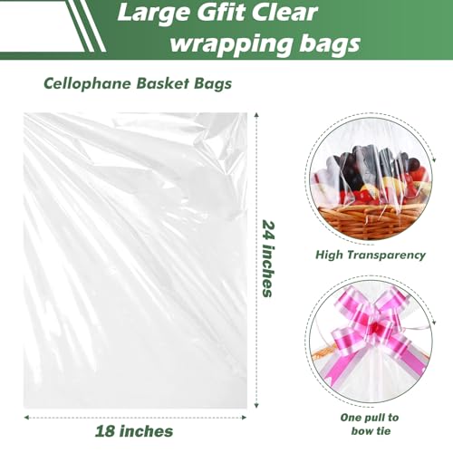 UltraOutlet 50 Packs Large Cellophane Bags 18" x 24" Clear Cellophane Gift Basket Wraps 2.3 Mil Thick Transparent Cello Bags for Fruit Basket, Gift Wrap, Treats, Arts and Crafts, 50ct Ribbon Bows - color: Clear/rose pink+light pink, size: 1 Count (Pack of