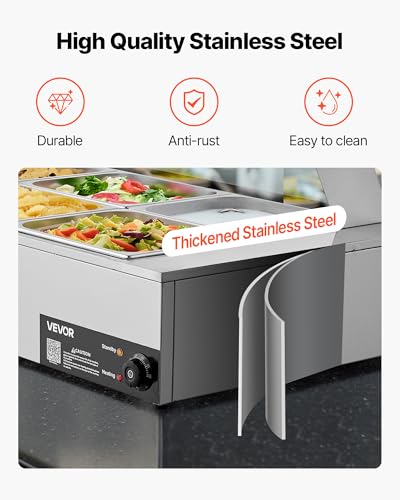 VEVOR Commercial Food Warmer, 1500W Electric Stainless Steel Steam Food Warmer with Glass Cover, 6 x 1/2 Size Pans Buffet Bain Marie with Soup & Perforated Ladles, for Catering, Restaurant & Party - size: 6x1/2Pan ;72QT