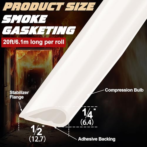 2 Pcs Adhesive Fire/Smoke Door Gasket Seal, 0.5" W X 0.25" H X 20' L, White - color: White, size: 0.5" W X 0.25" H X 20' L