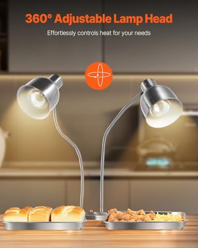 VEVOR Food Heat Lamp, 500W Electric Commercial Food Warmer Light, 2-Head Stainless Steel French Fry Heating Lamp with 3 Bulbs, Catering Food Warming Equipment for Kitchen, Buffet, Restaurant, Silver