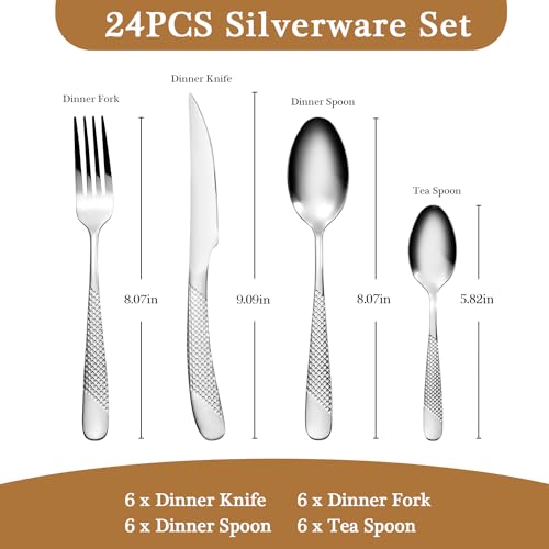24 Piece Hammered Silverware Set for 6, Premium Food-grade Stainless Steel Flatware Set, Modern Design & Mirror Polished Cutlery Set, Eating Utensil Set Include Fork Knife Spoon Set, Dishwasher Safe - color: Star Silver 24pcs